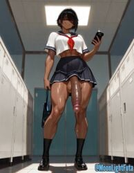 ai_generated moonlightfuta solo solo_futa dark_skin dark-skinned_futa bbc futanari full-package_futa futa_focus huge_cock thick_penis veiny_penis black_hair short_hair medium_hair abs red_eyes muscular muscular_futa bullying bully bully_is_bigger threatening imminent_rape school_uniform schoolgirl school restroom