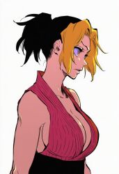 1girls 2d accurate_body_type ai_generated arms_at_sides big_breasts black_hair black_sash blonde_hair breasts cel_shading cleavage clothing collarbone demon_slayer dyed_bangs eyelashes female female_focus female_only from_side halter_top high_resolution highres japanese_clothes kimetsu_no_yaiba kimono kunoichi large_breasts line_art looking_away makio_(kimetsu_no_yaiba) manga_style matching_hair/eyes medium_hair multicolored_hair ninja no_bra parted_lips ponytail red_kimono sash side_view sideboob simple_background sleeveless solo solo_female solo_focus standing three-quarter_view tite_kubo_style traditional_clothes two-tone_hair upper_body white_background yellow_eyes