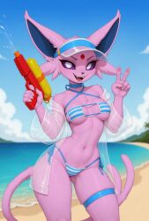 ai_generated nintendo pokemon eeveelution espeon generation_2_pokemon pokemon_(species) hi_res 5_fingers anthro beach beach_background big_ears bikini bikini_bottom bikini_top blue_clothing blurred_background breasts clothed clothing cloud fangs female female_anthro fingers front_view fur gesture holding_object looking_at_viewer multicolored_body partially_clothed pink_body pink_fur pokemorph purple_eyes purple_sclera sand sea seaside small_breasts smile solo standing swimwear tail teeth toy toy_gun translucent translucent_clothing translucent_topwear two_tone_body v_sign water water_gun