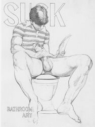 1boy balls bathroom english_text erection gay harry_bush jacking_beating_jerking_off male male_only masturbation monochrome muscular original penis reading reading_pornography shirt simple_background solo spread_legs striped_shirt text toilet traditional_media white_background yaoi