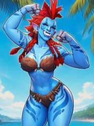 1girls ai_generated beach bikini bikini_bottom bikini_top blue_skin body_paint bra braided_hair braids closed_eyes dancing earrings face_paint fists_clenched fur_bikini fur_bra fur_panties mohawk mohawk_(hairstyle) pin-up red_hair scarlet_hair slopmaster22 smile smiling teeth tribal tribal_markings troll troll_(warcraft) troll_female tropical tusks underwear underwear_only warcraft world_of_warcraft