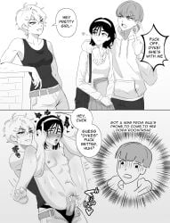 1boy 1futa 1girls acorn_(alien_stage) alien_stage arm_around_shoulder blush caramel_fucks carrying_person comic cucked_by_futa cuckold english_text futa_with_female futanari greyscale heart hoodie middle_finger mizi_(alien_stage) open_mouth penis pussy sex sex_from_behind short_hair strapon sua_(alien_stage) tank_top tongue