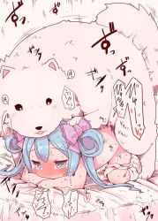 1boy 1girl all_fours animal bed bestiality blue_eyes blue_hair blush commentary_request convenient_censoring cum cum_in_pussy dog doggystyle heart hetero highres long_hair lying motion_lines nomeoil nude on_stomach ongeki sex sex_from_behind stuffed_animal stuffed_toy suzushima_arisu sweat tears trembling