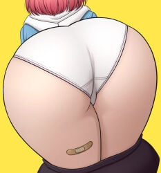 1girl absurdres ass ass_focus bandaid black_shorts blue_hoodie close-up clothes_pull commission djmax djmax_respect from_behind highres hood hood_down hoodie huge_ass panties pixiv_commission red_hair rophe_(djmax) ryusei_(coupling_maker) short_hair shorts shorts_pull underwear white_panties yellow_background