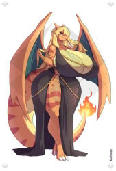 akaryuuseif pokemon pokemon_(species) pokemon_rgby charizard female anthro anthrofied anthro_female female_only yellow_hair dragon_girl dragon_wings dragon_tail black_dress thick_thighs wide_hips hips_wider_than_shoulders big_breasts huge_breasts breasts_bigger_than_head simple_background white_background