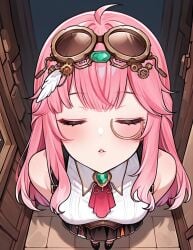 1girls 2d ai_generated blush breasts closed_eyes clothing female female_only fogine gem goggles goggles_on_head hands_behind_back hispanic_virtual_youtuber indie_virtual_youtuber latam_virtual_youtuber light-skinned_female light_skin long_hair monocle pink_hair standing vtuber young younger_female
