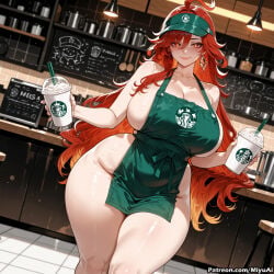 1girl ahoge ai_assisted ai_generated apron bangs blush breasts cleavage collarbone cup curvaceous curvy curvy_female curvy_figure earrings eyebrows_visible_through_hair female genshin_impact hair_between_eyes holding huge_breasts indoors jewelry long_hair looking_at_viewer mavuika_(genshin_impact) miyuai mole_on_breast naked_apron red_hair side_ponytail smile solo thick thick_ass thick_butt thick_hips thick_legs thick_thighs thighs voluptuous voluptuous_female wide_hips wide_thighs zara_(azur_lane)
