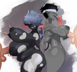 2boys 2girls animal_ears black_hair blindfold bouncing_breasts cow_girl cow_print curly_hair dark_skin extra_arms extra_breasts faceless_female grey_hair grey_skin grey_skind huge_breasts large_penis licking_penis monster_girl multi_breast nipple_penetration nipple_piercing original paizuri perpendicular_paizuri pointy_ears sungerart tongue_out
