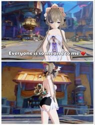 3d artist_request ass ass_hanging_out_of_shorts backside big_ass booty brown_hair everyone_is_so_mean_2_me female female_only genshin_impact hair_bun legs sandrone_(genshin_impact) shorts thick_ass