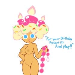 cookie_run cookie_run_ovenbreak birthday_cake_cookie codestraws 1girls completely_nude_female holding_object anal_beads imminent_anal dialogue breasts pussy talking_to_viewer light-skinned_female white_background simple_background belly_button hand_on_hip birthday looking_at_viewer