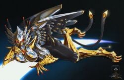 2_tails absurd_res accipitriform ageha_(kirinash) anthro areola avian beak big_breasts bird breasts butt chrome chrome_body clothing colored_nails eyewear female footwear glasses glistening glistening_body gold_(metal) golden_body hi_res high_heels machine mecha metal metallic_body multi_tail nails nipples nude painting_(artwork) red_nails robot robotic secretary secretary_bird seregore shoes simple_background solo tail teasing thick_thighs wide_hips wings yellow_areola