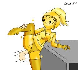 janet_(brawl_stars) brawl_stars anal 1girls bloomers helmet gold_(metal) statue wtf smile metallic_body metallic_skin metallic_hair boots humanoid golden_week gold cock hand_on_leg gloves ponytail cruz64