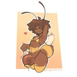 antennae_(anatomy) anthro arthropod arthropod_abdomen bee big_penis bikini bodily_fluids brown_body clothed clothing crossdressing curved_penis femboy freckled_face freckles genital_fluids genitals gold_bikini hi_res huge_penis humanoid_genitalia humanoid_penis hymenopteran insect insect_wings male mazus_(tinysmallman) penis precum solo swimwear tinysmallman two-piece_swimsuit wide_hips wings