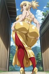 green_eyes blonde_hair solo_female yellow_dress kohaku_(dr.stone) dr.stone ai_generated huge_ass huge_breasts huge_butt big_ass big_butt big_breasts child_bearing_hips