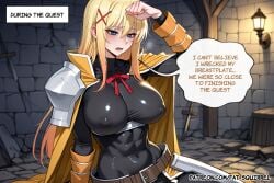 ai_assisted ai_generated armor blue_eyes bodysuit darkness_(konosuba) english_text fatest_squirrel kono_subarashii_sekai_ni_shukufuku_wo! tagme
