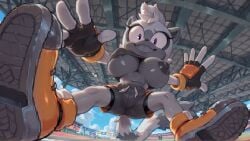ai_generated sega sonic_(series) tangle_the_lemur lemur mammal primate strepsirrhine hi_res anthro big_breasts bottomwear breasts clothing dark_nipples female fingerless_gloves footwear fur gloves grey_body grey_fur handwear low-angle_view midriff purple_eyes round_breasts shoes shorts sketchy sliding smile smile_at_viewer sneakers solo tomboy wardrobe_malfunction