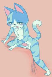 1boy animal_crossing anthro balls bed blue_fur blush erection feline fur male male_only mammal moe_(animal_crossing) nintendo nude open_mouth penis reality_undoer solo video_games yellow_eyes