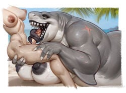 1futa 1girls ai_generated anthro aquatic areola big_breasts black_areola black_nipples bodily_fluids breasts duo female fish futa/female futanari genitals hi_res human intersex intersex/female interspecies larger_anthro larger_female long_tongue mammal marine_mammal navel nipples oral oral_penetration penetration penis raudegil saliva scar sex shark sharp_teeth size_difference smaller_human smaller_intersex teeth tongue tongue_out tonguejob
