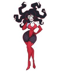 sedusa powerpuff_girls vanillasketchy tagme black_hair long_hair messy_hair green_eyes looking_at_viewer crazy smile white_body bodysuit breasts cleavage gloves fishnets slim_waist wide_hips thick_thighs voluptuous high_heels high_heel_boots hand_on_hip hand_on_head