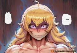 ... 1girl ahoge ai ai_generated amadeus_v aura blonde_hair blush collarbone comic ellipsis female futa_on_futa futa_with_futa futanari hair long_hair looking_at_viewer mammal muscular muscular_female purple_eyes ruby_rose rwby shaded_face solo spoken_ellipsis text watermark yang_xiao_long