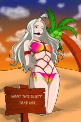 1girls arms_behind_back ball_gag beach bikini bondage captured commentary_request crotch_rope fairy_tail femsub long_hair mirajane_strauss on_knees public sex_slave sign sketchyprincess slave slave_raid white_hair