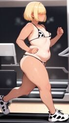 1girl ai_generated areola_slip blonde_hair chubby_female cow_print_bikini fat_rolls hair_covering_eyes large_areolae parted_lips running self_upload small_breasts sneakers solo_female solo_focus sweaty tan tanlines tm4k treadmill