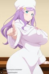 1girl solo breasts long_hair purple_hair hat star_(symbol) star_hair_ornament looking_at_viewer white_headwear dress white_dress hair_ornament large_breasts pointing bow web_address fur_hat blush capelet covered_navel aqua_eyes anastasia_hoshin re:zero_kara_hajimeru_isekai_seikatsu unjobdespiert ai_generated 1female curvy huge_breasts huge_ass big_breasts big_ass 1girls 2026 artist_name watermark hi_res highres high_quality high_resolution patreon_username patreon
