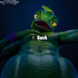 3d_(artwork) anthro athletic athletic_anthro athletic_male bedroom_eyes big_eyes bracelet button_prompt chameleon close-up digital_media_(artwork) epic_games fortnite green_body green_hair green_scales hair hi_res jaiblizz jewelry lizard looking_at_viewer looking_down male male_only markings narrowed_eyes nipples open_mouth pec_grab pecs reptile scales scalie seductive solo touching_self ziggy_(fortnite)