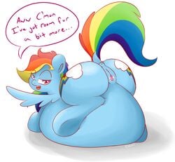 anus ass bedroom_eyes blue_fur clitoral_winking clitoris cum cum_in_pussy cum_inside cutie_mark equine excessive_cum feathers female friendship_is_magic fur graphene hair hooves inflation long_hair looking_at_viewer looking_back mammal morbidly_obese multicolored_hair my_little_pony open_mouth overweight pegasus plain_background presenting puffy_anus purple_eyes pussy rainbow_dash_(mlp) raised_tail solo straight_hair text wings