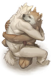 496549736_(artist) anthro canine canine duo erection fur gay holding hug kneeling male mammal muscles nude on_top penis sex smile white_fur