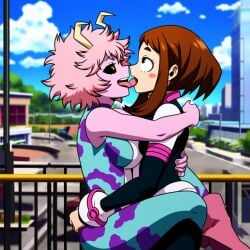 ai_generated boku_no_hero_academia french_kissing kissing mina_ashido my_hero_academia ochako_uraraka powerhouserift tongue_kiss tongue_touching_another's_tongue tongues_touching yuri