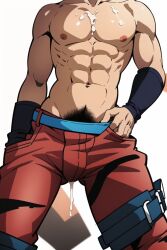 ai_generated crotch_focus cum cum_drip cum_dripping_from_clothes cum_on_body cum_on_chest guido_mista hands_in_pockets head_out_of_frame jojo's_bizarre_adventure male_nipples muscular_male pubic_hair simple_background solo vento_aureo