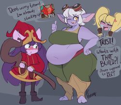 3girls amber_eyes angry bbw belly big_breasts blush chubby chubby_female closed_mouth clothed clothing english_text female_only green_eyes highres league_of_legends lulu_the_fae_sorceress pink_poison67 plump poppy purple_body purple_skin short_hair shortstack standing text thick_thighs tristana twintails weight_gain wide_hips yordle