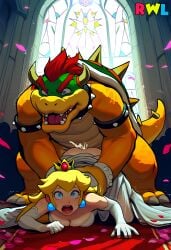 1boy 1girls ai_generated all_fours ass big_breasts blonde_hair blue_eyes bowser bride cheating cheating_on_wedding_day church claws cleavage clothing crawling crowd crown cuckold cum cum_in_pussy cum_inside earrings fangs female forced_wedding gloves indoors interspecies lifted_skirt looking_at_viewer male mario_(series) netorare ntr open_mouth petals princess_peach public public_humiliation public_sex rape realwaifulaifu rwl scared scared_expression screaming sex sex_from_behind size_difference stained_glass tail wedding wedding_dress wedding_peach_(super_mario_odyssey) wedding_ring