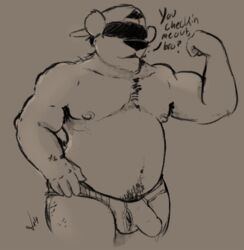 1boy anthro ball bear furry hat male male_only mammal monochrome muscles penis rohly solo text underwear