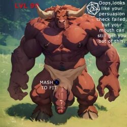 ai_generated anthro bad_end bara biceps bovid bovine flaccid foreskin hdregrets hooves horns imminent_rape large_balls large_penis loincloth male male_anthro minotaur muscular muscular_anthro muscular_male partially_retracted_foreskin penis penis_out pubic_hair rpg text uncut