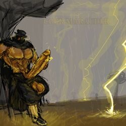 big_balls big_penis lightning muscular_male pilgrammed shock_marauder_(pilgrammed) toesmacker yellow_skin