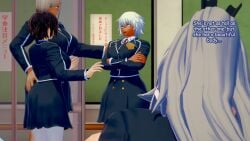 3d back_view cafeteria comic dark_skin eydis_synthesis_ten fantasizing futanari koikatsu lovac22 school_uniform schoolgirl self_upload sword_art_online text white_hair