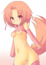 animal_ears blush bottomless breasts elbow_gloves female fox_ears fox_tail gloves hair human kourourin looking_at_viewer mammal navel nipples plain_background pussy red_eyes red_hair small_breasts solo