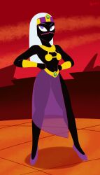 alien alien_girl alien_humanoid black_body black_skin duck_dodgers facial_mark looking_up looney_tunes martian martian_(duck_dodgers) purple_eyes queen_tyr'ahnee raised_eyebrow side_glance warner_brothers white_hair yenchey