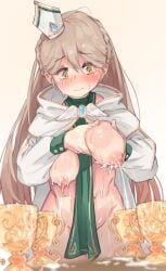 bishop_(maplestory) blush braid breasts brown_hair chalice crown_braid cup embarrassed female grabbing_own_breast lactating_into_container lactation large_breasts long_hair maplestory mocomori open_clothes open_robe robe solo white_robe yellow_eyes