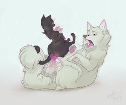 artist_request balls big_dom_small_sub canine censored duo feline female feral fur interspecies licking male mammal penis saliva sex size_difference tongue tongue_out wolf xepxyu