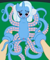 absurdres badumsquish bedroom_eyes blue_fur blue_hair blush cephalopod clitoris duo equine female feral friendship_is_magic highres horn hybrid long_hair looking_at_viewer lying mammal marine my_little_pony octopus on_back pillow pov presenting purple_eyes pussy smile solo_focus tentacle trixie_(mlp) two_tone_hair unicorn