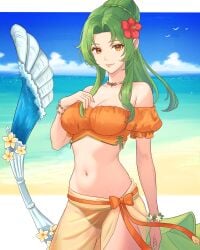 1girls absurdres alternate_costume bare_shoulders beach bikini blue_sky breasts cleavage cloud cowboy_shot day elincia_ridell_crimea elincia_ridell_crimea_(summer) female female female_only fire_emblem fire_emblem:_radiant_dawn fire_emblem_heroes flower green_hair hair_flower hair_ornament hand_on_own_chest hibiscus highres jewelry looking_at_viewer medium_breasts navel necklace nintendo off-shoulder_bikini off_shoulder official_alternate_costume orange_bikini orange_swimsuit puffy_short_sleeves puffy_sleeves red_flower sarong short_sleeves sky smile solo standing stomach swimsuit thighs truejekart