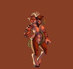 2015 abs anthro areola big_breasts breasts chimera erect_nipples fangs female hi_res huebris hybrid mammal muscular nipples nude posing pussy ram sabertooth sabertooth_tiger smile snake solo standing tiger