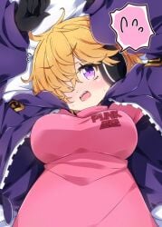 ahoge big_breasts embarrassed huge_breasts one_piece orange_hair pink_eyes purple_eyes suit vegapunk_lilith yellow_hair