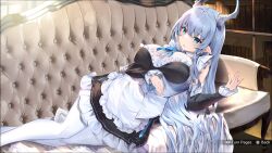 blue_hair dragon_girl dressed horns huge_breasts leggings long_hair maid screenshots solo_female thighhighs