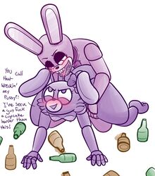 animatronic anthro blush bonnie_(fnaf) breasts dialogue drooling drunk duo fan_character_(fnaf) female five_nights_at_freddy's lagomorph machine male mammal mechanical nipples rabbit robot saliva selfcest sex snaxattacks square_crossover straight