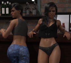 2girls 3d ass black_hair black_panties cb1964 crop_top denim_panties midriff original panties