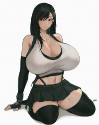 1girls alternate_breast_size artist_logo artist_name bangs bangs_between_eyes bangs_over_one_eye batako belly belly_button big_breasts black_hair black_thighhighs blush breasts cleavage clothes clothing detached_sleeves earrings eyebrows female female_only final_fantasy final_fantasy_vii fingerless_gloves fit_female fully_clothed gloves hair_between_eyes hair_over_one_eye huge_breasts long_hair looking_at_viewer midriff miniskirt navel red_eyes red_hair_tie seiza sidelocks sitting skirt sleeve_gloves sleeves smile solo suspenders tagme tank_top thick_thighs thighhighs tied_hair tifa_lockhart white_background white_tank_top white_topwear